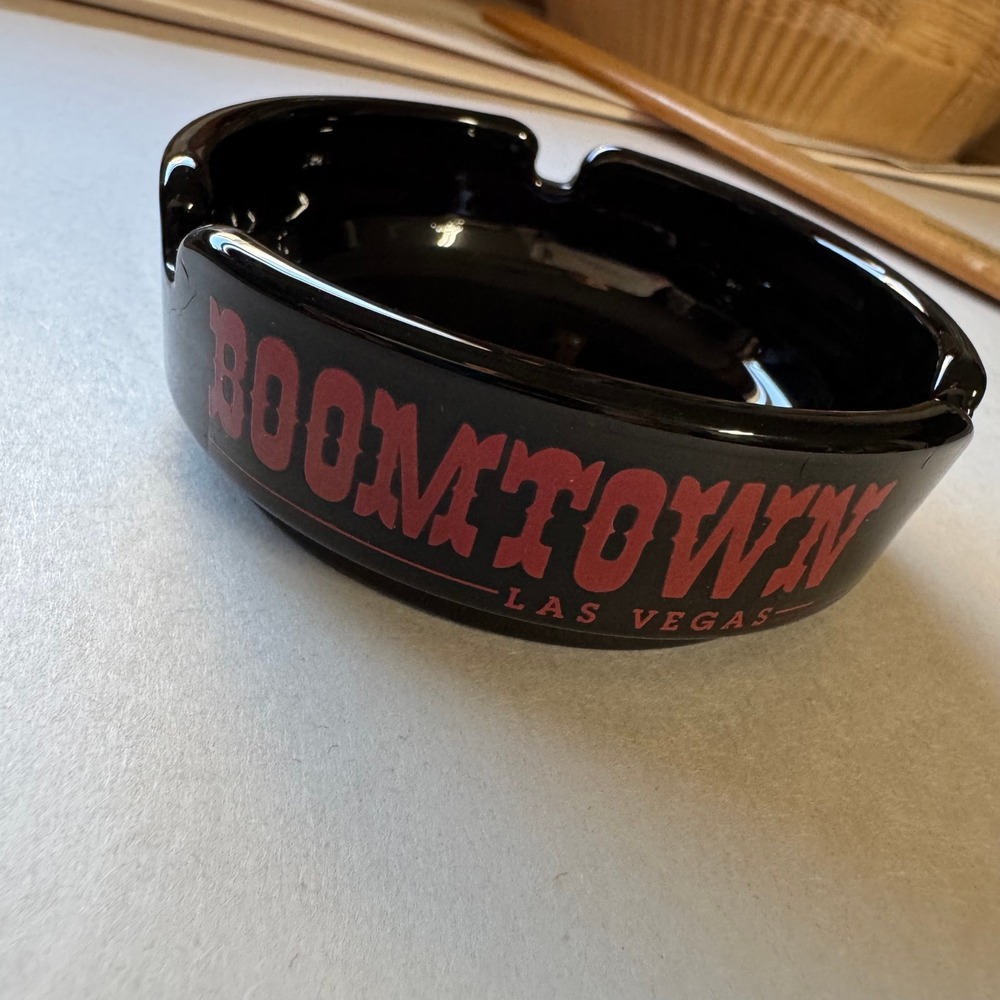 Vintage Boomtown Las Vegas Casino Ashtray Black Red Lettering Glass Souvenir